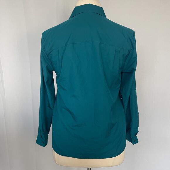 Vintage Blouse Top Size 14 Teal Blue Minimal Long Sleeve Button Office 80s 90s - Picture 7 of 11